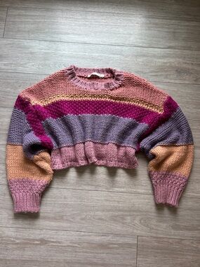 Altar'd State Cropped Striped Chunky Knit Sweater Pink, Purple & Peach